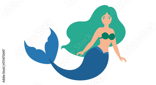 Whimsical cartoon mermaid with long flowing green hair and blue tail swimming gracefully in ocean depths fantasy character art Flat design vector illustration white background.