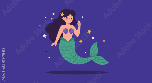 Enchanting mermaid character with flowing hair and sparkling bubbles in deep blue ocean water Flat design vector illustration white background.