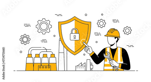 Illustration depicting industrial cybersecurity and protection against threats and risks