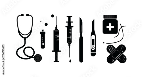 Medical instruments silhouette collection stethoscope syringe scalpel and more healthcare icons Flat design vector illustration white background.