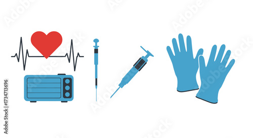 Medical equipment including heart monitor ecg syringe and blue medical gloves health and healthcare concept Flat design vector illustration white background.