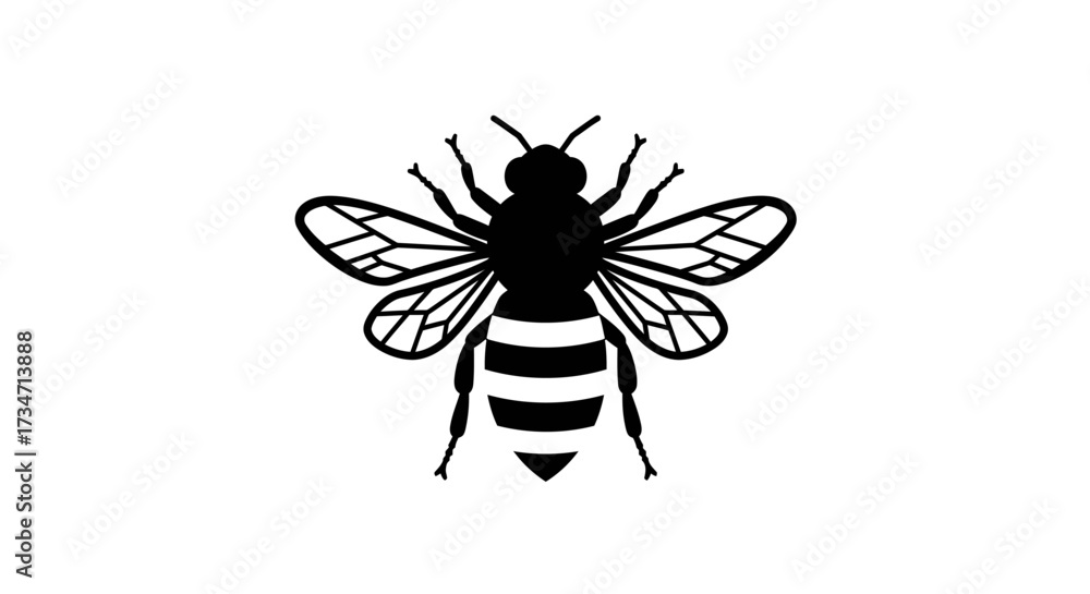 Obraz premium Detailed silhouette of a honey bee with striped abdomen and intricate wings Flat design vector illustration white background.