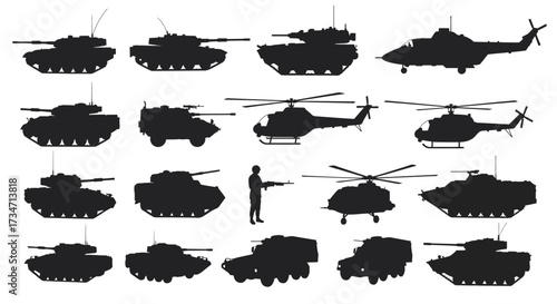 Silhouette collection military vehicles tanks helicopters artillery personnel diverse army equipment set Flat design vector illustration white background.