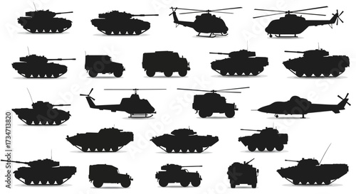 Collection of military vehicles silhouettes including tanks and helicopters for design projects Flat design vector illustration white background.