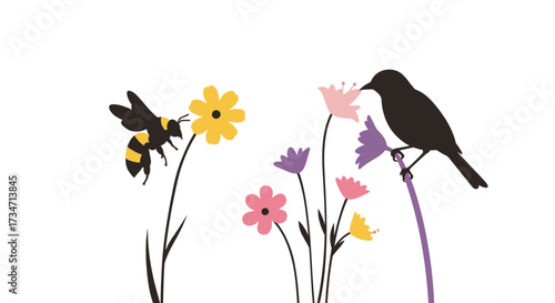 Nature scene with a bee pollinating flowers and a bird perched on a stem Flat design vector illustration white background.