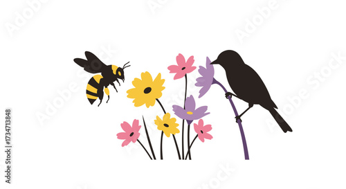 Wasp and bird silhouette amongst vibrant wildflowers nature scene for design and illustration Flat design vector illustration white background.