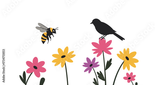 Whimsical meadow scene with busy bee and silhouette bird among colorful flowers Flat design vector illustration white background.