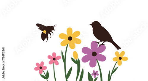 Charming spring scene with a bird and bee among colorful flowers for nature lovers Flat design vector illustration white background.