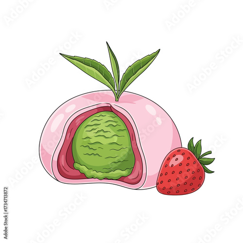 Strawberry mochi with green tea ice cream filling and a fresh strawberry on the side, garnished with mint leaves.