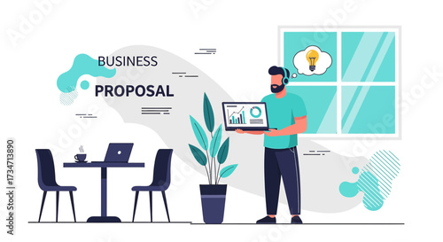 Illustration of a businessman presenting a business proposal remotely at his work space