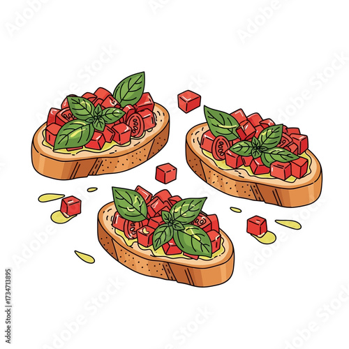 A hand-drawn illustration of three Italian bruschetta appetizers with fresh tomato, basil, and olive oil.