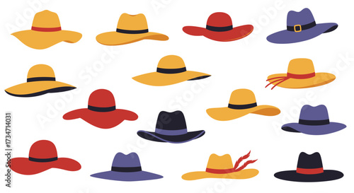 Collection of diverse wide-brimmed hats various colors and styles for fashion and sun protection Flat design vector illustration white background.