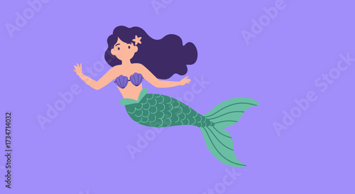 Whimsical cartoon mermaid with dark hair and green tail swimming joyfully in purple waters Flat design vector illustration white background.