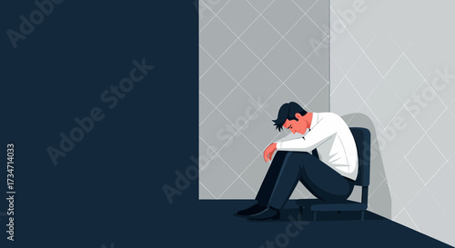 Illustration of a depressed businessman sitting alone in a dark corner feeling overwhelmed and