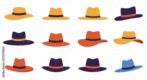 Collection of diverse fedora hats in various colors and styles Flat design vector illustration white background.