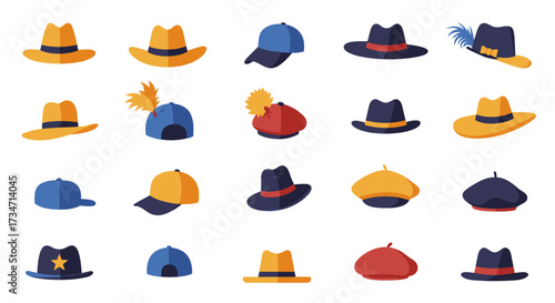 Collection of diverse hats in various styles and colors perfect for fashion and styling Flat design vector illustration white background.
