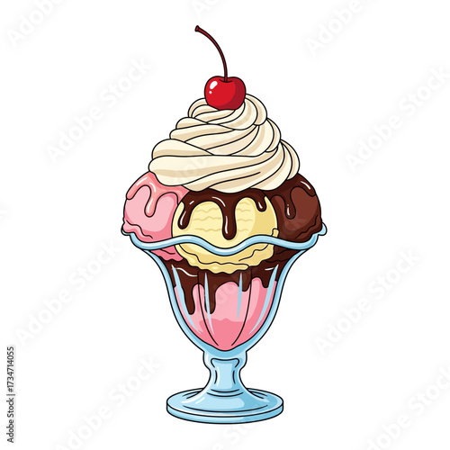 Illustration of an ice cream sundae with multiple scoops, whipped cream, cherry, and chocolate sauce.