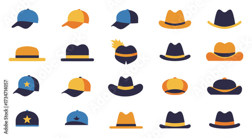 Collection of diverse hats fashionable headwear for every occasion and style Flat design vector illustration white background.