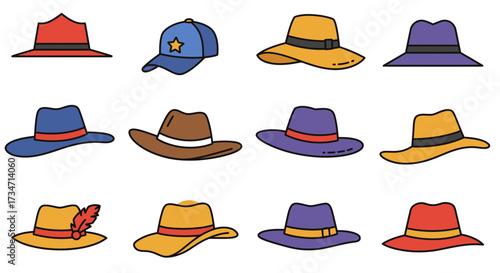 Diverse collection of stylish hats offering fashionable headwear for every occasion Flat design vector illustration white background.