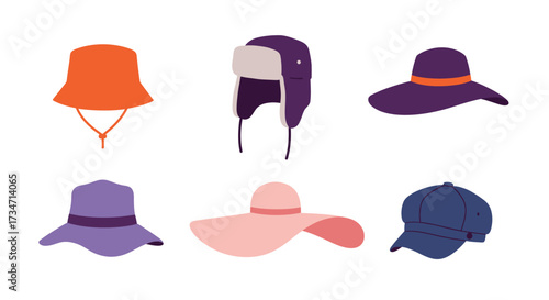 Collection of diverse hats headwear fashion accessories for different seasons and styles worn outdoors Flat design vector illustration white background.