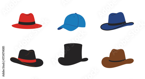 Collection of six diverse hats including fedoras top hats and cowboy hats Flat design vector illustration white background.