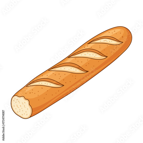 Cartoon illustration of a golden-brown French baguette with scoring marks and a partially eaten end, isolated on a white background.