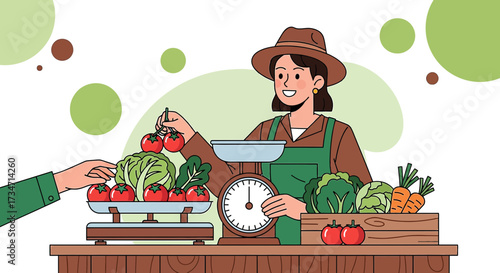 Illustration of a farmers market scene with fresh produce and local vendor selling vegetables