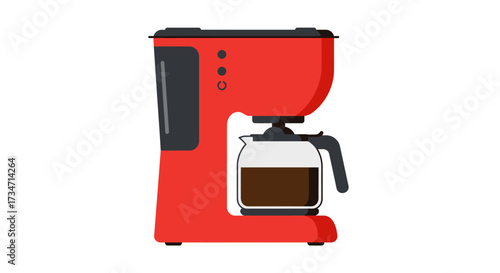 Vibrant red drip coffee maker with glass carafe full of dark coffee Flat design vector illustration white background.