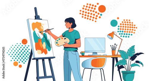 Illustration of a female artist painting in her studio vibrant and creative artwork in progress