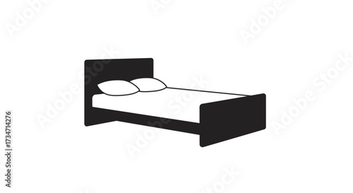 Modern black platform bed with white mattress and pillows simple bedroom furniture outline Flat design vector illustration white background.