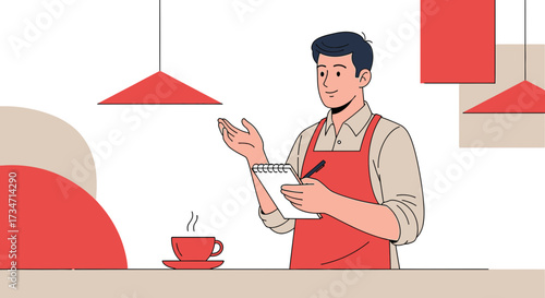 Illustration of a friendly waiter taking order in a restaurant or cafe setting with a cup of