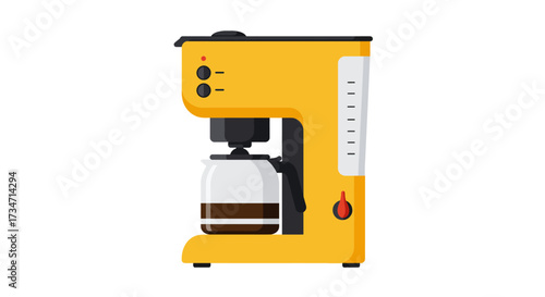 Bright yellow coffee maker with glass carafe enjoy freshly brewed coffee at home Flat design vector illustration white background.