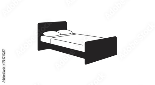 Modern dark upholstered bed frame with mattress and pillows simple design Flat design vector illustration white background.