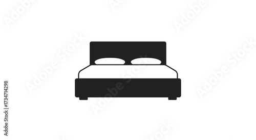 Modern black upholstered bed with white mattress and pillows simple icon Flat design vector illustration white background.