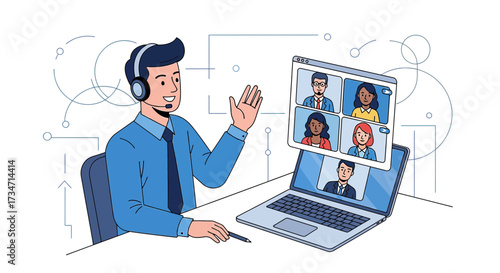 Illustration of a man in a video conference call using a laptop at his home office showing diverse