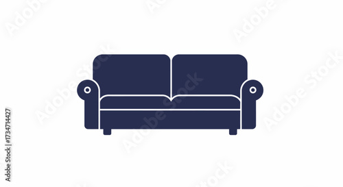 Stylish deep blue two-seater sofa front view modern furniture design comfort Flat design vector illustration white background.