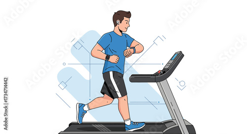 Illustration of a man running on a treadmill while monitoring his activity with smartwatches