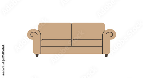 Comfortable tan fabric sofa two-seater modern living room furniture accent piece Flat design vector illustration white background.