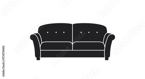 Classic black tufted sofa front view elegant furniture design for modern homes Flat design vector illustration white background.