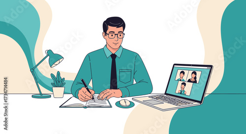 Illustration of a man working from home during a video call taking notes professionally