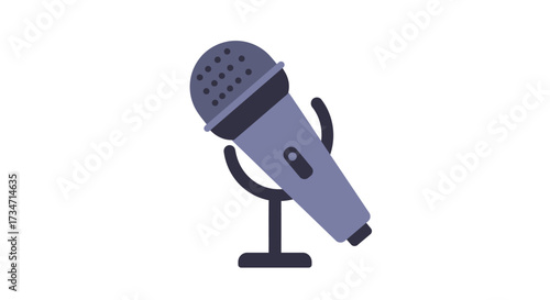 Classic microphone icon on stand for audio recording performance and broadcasting Flat design vector illustration white background.