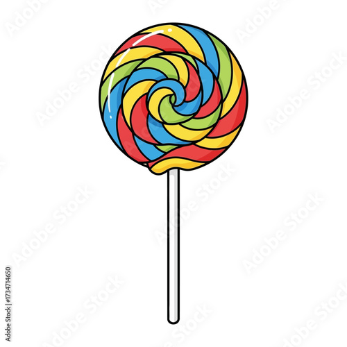 A vibrant, colorful spiral lollipop with a stick on a white background.