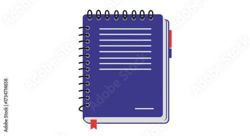 Classic spiral bound purple notebook with lined pages ready for your notes and ideas Flat design vector illustration white background.