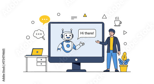 Illustration of a person interacting with a friendly chatbot on a computer screen