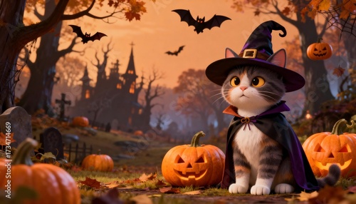 3D cartoon cat dressed as a witch with pumpkins, bats and haunted forest, symbolizing spooky traditions, fantasy magic and the playful charm of Halloween celebrations in autumn night scenes.
