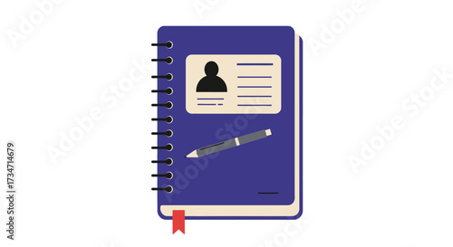 Blue spiral notebook with id card and pencil illustration for professional organization and note taking Flat design vector illustration white background.