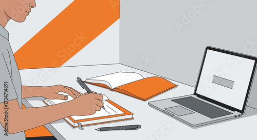 Illustration of a person studying with a laptop notebook and textbooks on a desk at home