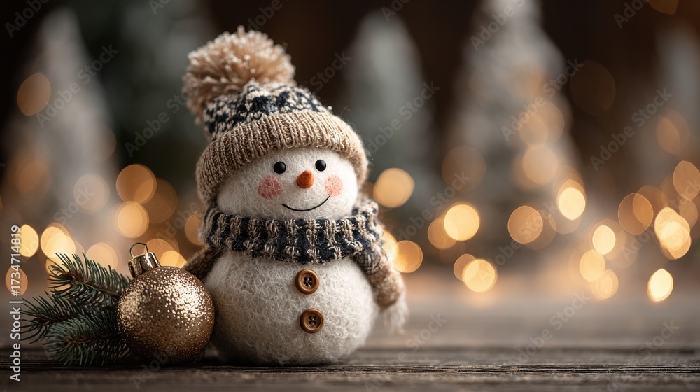Obraz premium Winter scene with a cheerful snowman and festive decorations on a wooden table