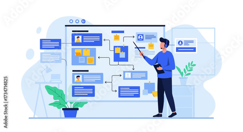 Illustration of a presenter explaining a flowchart on a whiteboard in an office setting