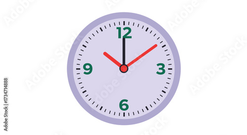 Analog wall clock showing 1200 time with red hands and clear numbers on a white circular face Flat design vector illustration white background.